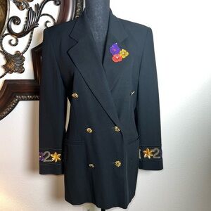ESCADA Women's Vintage Black Double Breasted Blazer Floral Sequin Accents 38/6